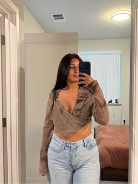 Brown Wrap-Front Long Sleeve Top - Women